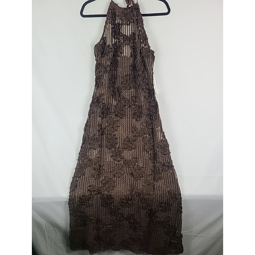 Amy Lynn Cici Halter-Neck Bronze Brown Floral Crochet Maxi Dress Sz UK 8, US 4